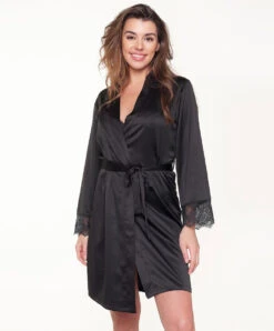 Kimono Satiné Sexy "black/peacock" Collection Nightwear De Chez Lingadore.