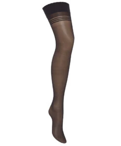 Bas Chantal Thomass Transparent 20D Motif Jarretière Siglée CT Et Rayures Opaques Horizontales, à Pointes Renforcées.  -Sous Vêtement Soldes Magasin T218 Bas Transparent Sigle 20 Deniers Noir Ligne Bas et Collants Chantal Thomass Face.jpg